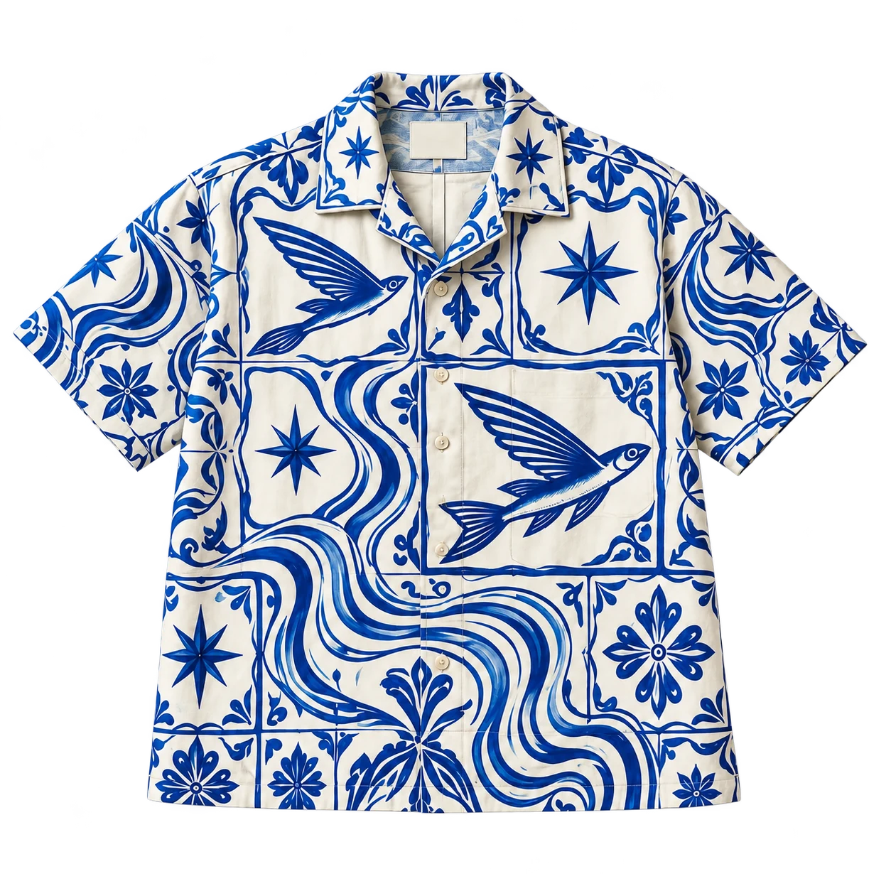 Casa Mercado's Porcelain Meltdown camp shirt, with blue flying-fish and tile artwork on ivory