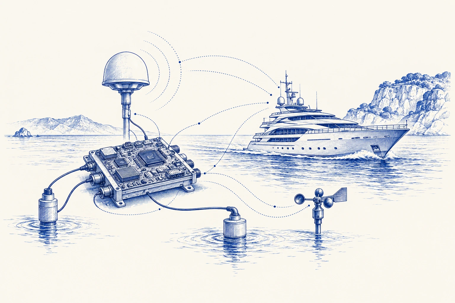 Conceptual blue ink drawing of connected marine electronics