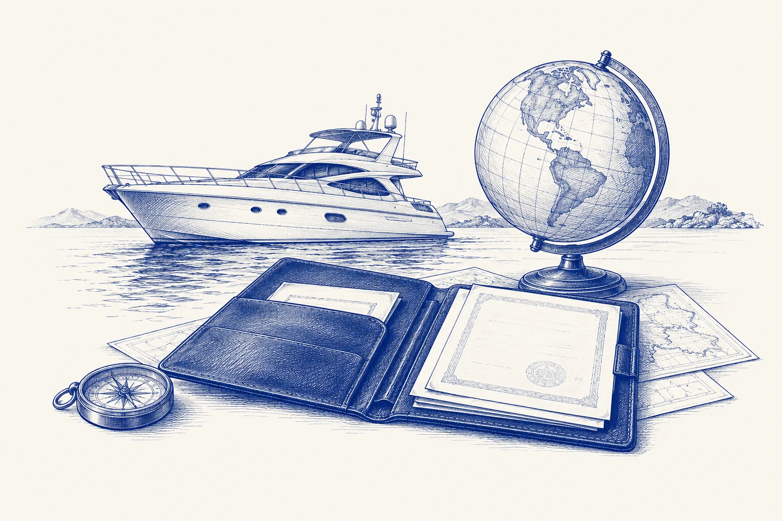 Blue ink illustration of a vessel, maritime documents and international connections