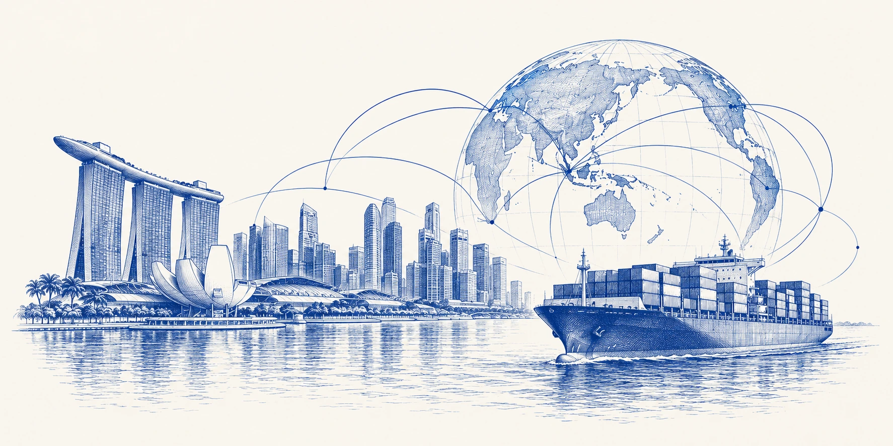 Conceptual blue ink drawing of international maritime connections