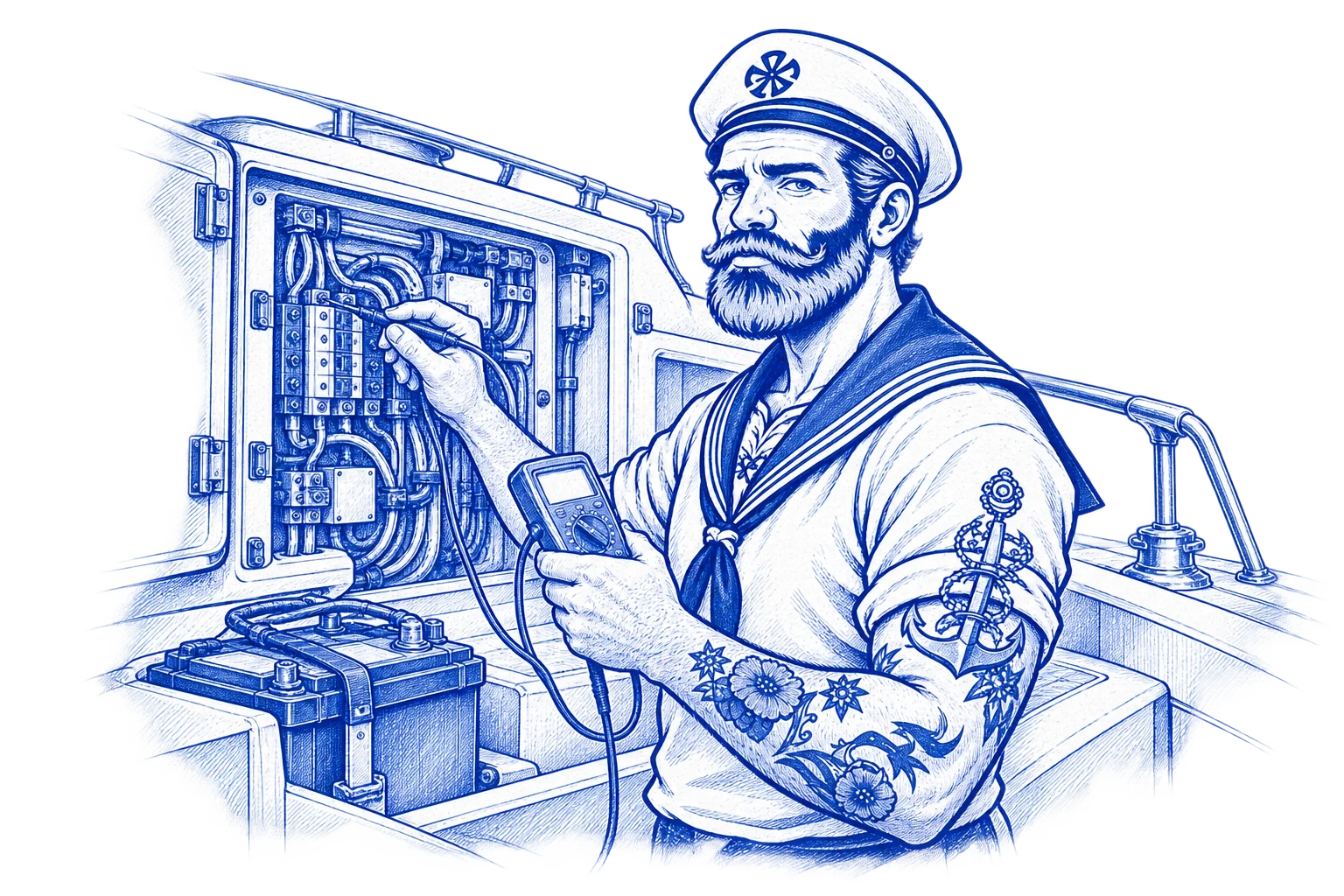 Blue ink drawing of the Boat Sparky sailor checking a yacht electrical panel with a multimeter